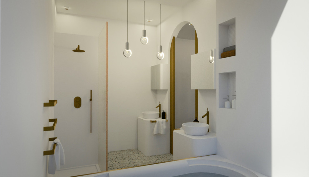 Inspiration for a traditional bathroom with a submerged bath, a built-in shower, a wall mounted toilet, terrazzo flooring, a vessel sink and double sinks.