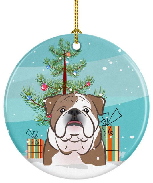 Christmas Tree And English Bulldog Ceramic Ornament, Multicolor