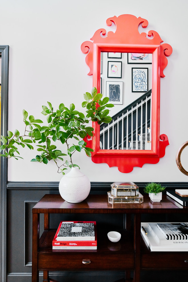 Foyer - large transitional foyer idea in Providence with white walls