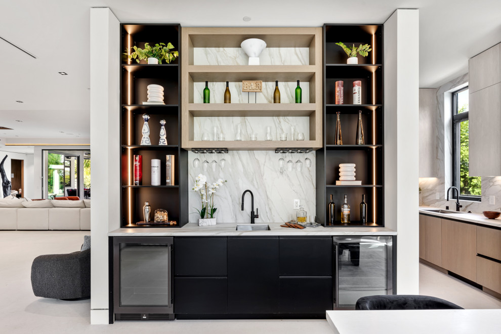 Photo of a contemporary single-wall wet bar in Los Angeles with a submerged sink, open cabinets, dark wood cabinets, marble worktops, multi-coloured splashback, stone slab splashback and multicoloured worktops.