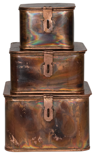 Various Square Decorative Boxes, Burnt Copper Finish, Set of 3
