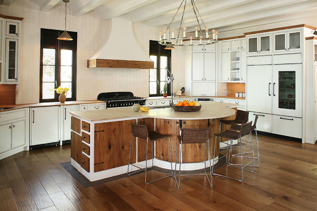 kitchen cabinets - mixed styles of stained wood and modern white