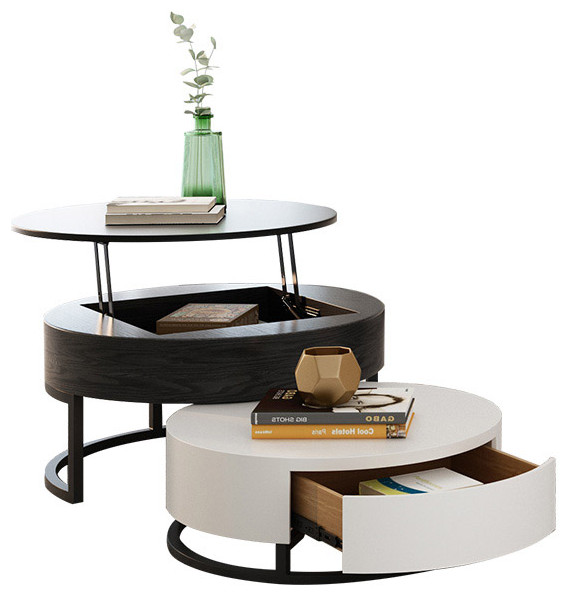 Round Wood Coffee Table With Lift Top, Round Drum Coffee Table With Storage Walnut Bowl Shaped
