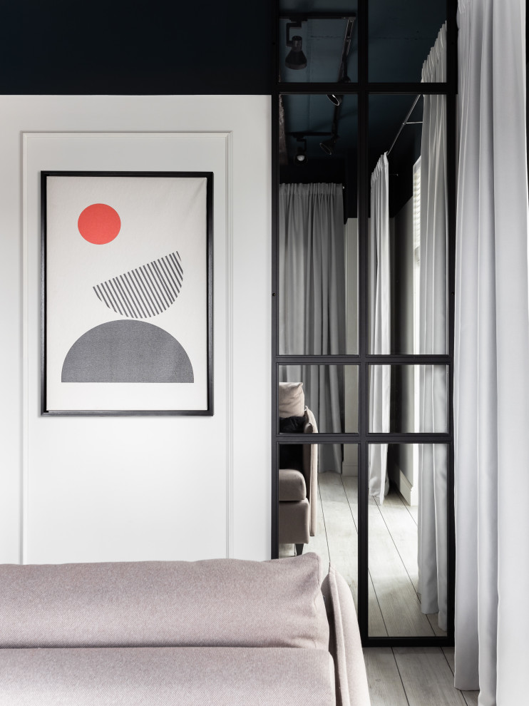 Ispirazione per un soggiorno scandinavo di medie dimensioni con pareti grigie, pavimento in vinile e pavimento grigio