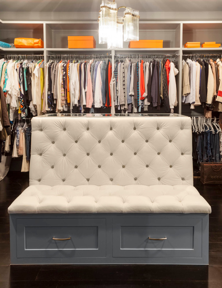 Walk-in closet - contemporary gender-neutral dark wood floor walk-in closet idea in Dallas with shaker cabinets and gray cabinets