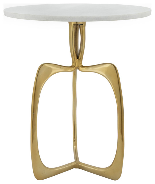 Metal 20" Accent Table With White Marble, Gold Contemporary Side