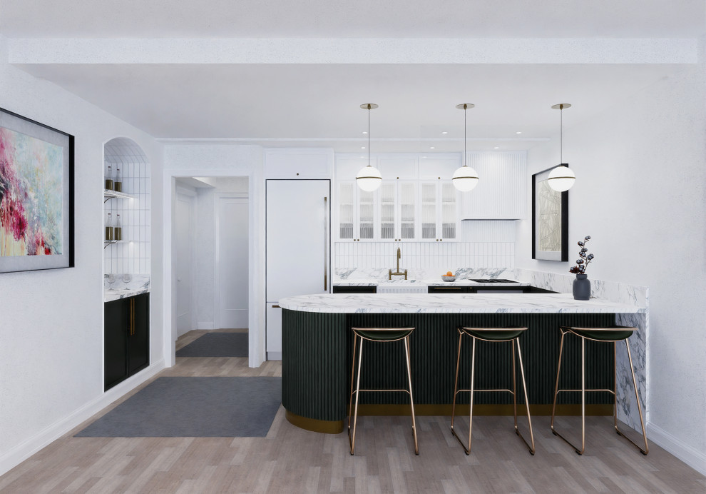 Photo of a small contemporary galley eat-in kitchen in New York with a farmhouse sink, glass-front cabinets, white cabinets, marble benchtops, white splashback, porcelain splashback, panelled appliances, light hardwood floors, a peninsula and white benchtop.
