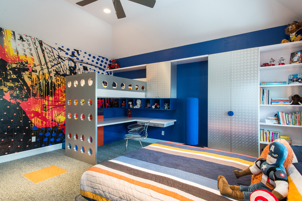 Photo of a mid-sized contemporary kids' bedroom for kids 4-10 years old and boys in Other with carpet, multi-coloured walls and grey floor.