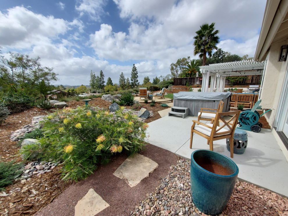 Стильный дизайн: солнечный, летний засухоустойчивый сад среднего размера на заднем дворе в стиле фьюжн с пустынными растениями, хорошей освещенностью и покрытием из каменной брусчатки - последний тренд
