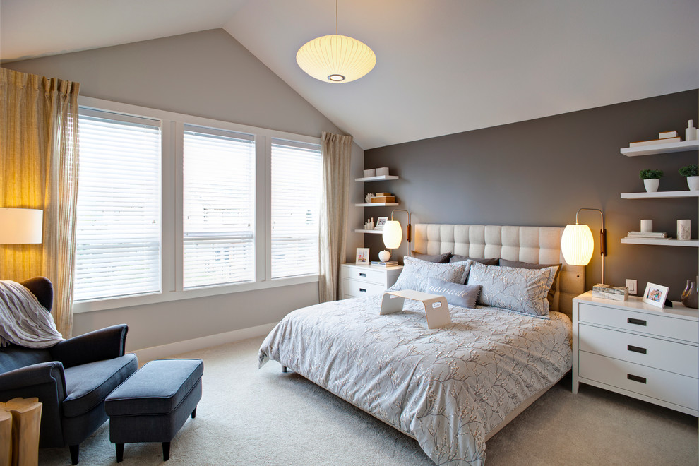 Bedroom - huge transitional master carpeted bedroom idea in Vancouver with gray walls and no fireplace