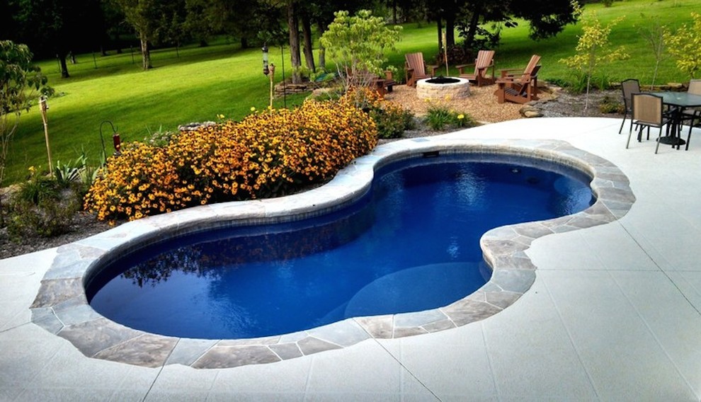 Inspiration for a mid-sized transitional backyard concrete paver and custom-shaped pool remodel in Nashville