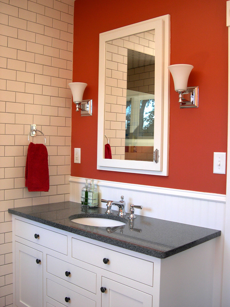 Inspiration for a mid-sized traditional master bathroom in Minneapolis with an undermount sink, furniture-like cabinets, white cabinets, granite benchtops, a claw-foot tub, an alcove shower, a two-piece toilet, white tile, ceramic tile, red walls and ceramic floors.