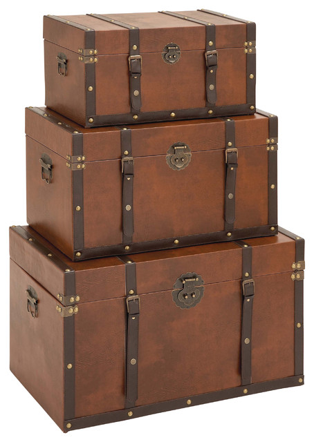 Timeless Designed Wood Leather Trunk, Set of 3
