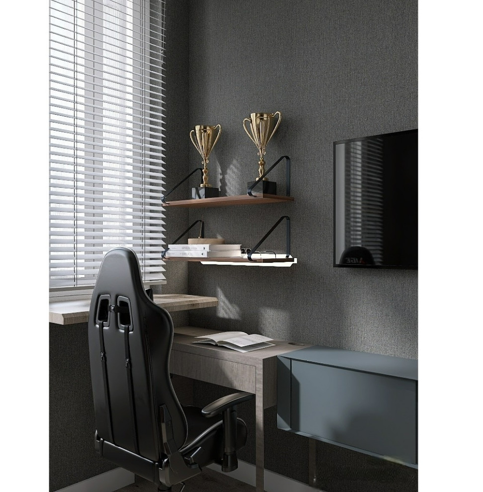 Imagen de despacho contemporáneo de tamaño medio con paredes grises, suelo laminado, escritorio independiente, suelo marrón y papel pintado