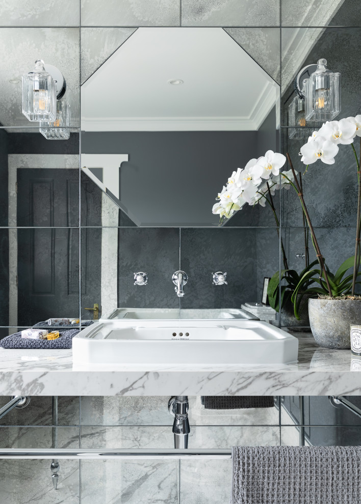 Design ideas for a mid-sized transitional master bathroom in Auckland with open cabinets, white cabinets, an alcove shower, gray tile, mirror tile, grey walls, porcelain floors, a vessel sink, tile benchtops, white floor, an open shower, white benchtops, a niche, a single vanity and a floating vanity.