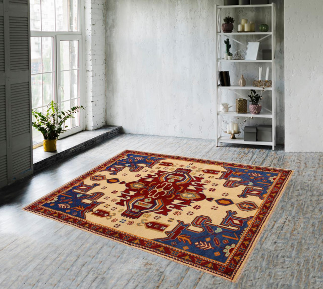 Balochi Alesha Beige Blue Hand Knotted Wool Rug 4 9 X 6 Beige Blue Hand Knotted Wool Rug