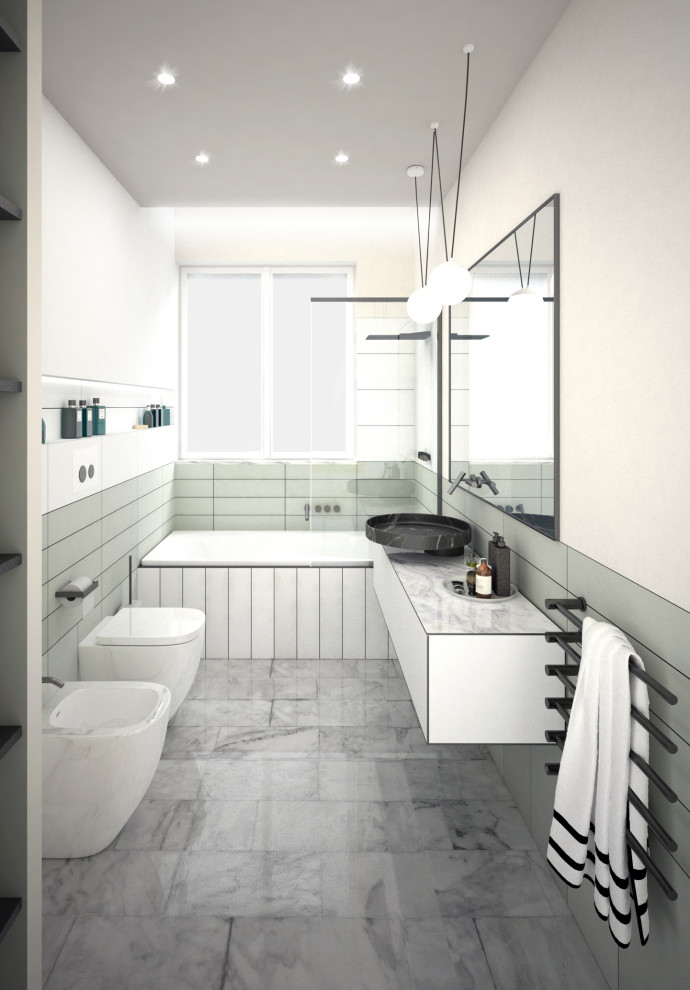 Photo of a medium sized contemporary ensuite bathroom in Rome with flat-panel cabinets, white cabinets, a single sink, a floating vanity unit, a built-in bath, a two-piece toilet, multi-coloured tiles, porcelain tiles, multi-coloured walls, marble flooring, a vessel sink, marble worktops, blue floors, white worktops and a drop ceiling.