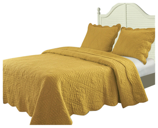 Full/Queen Amber Gold Sea Shells 3 Piece Cotton Quilt Set Quilts And