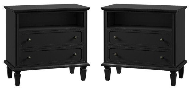 Transitional 2 Drawer Solid Wood Nightstand Set of 2, Black
