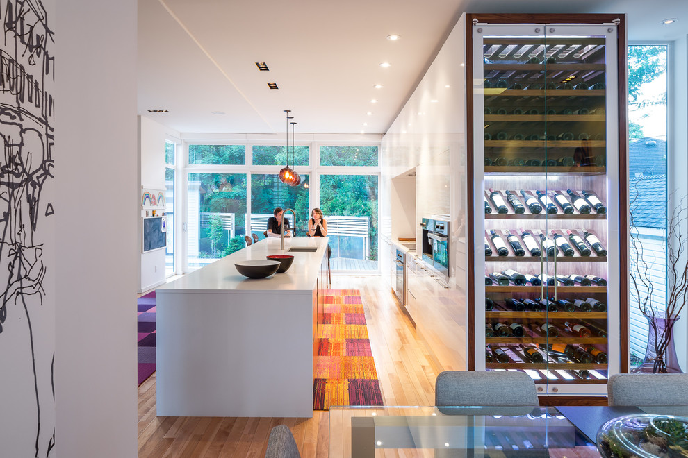 Wine cellar - small contemporary galley wine cellar idea in Ottawa with an undermount sink, flat-panel cabinets, white cabinets, quartz countertops, white backsplash, glass sheet backsplash, stainless steel appliances, an island and storage racks