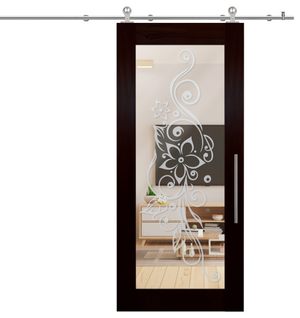 Solid Mahogany Sliding Barn Door With Mirror Insert, 36"X81" Inch