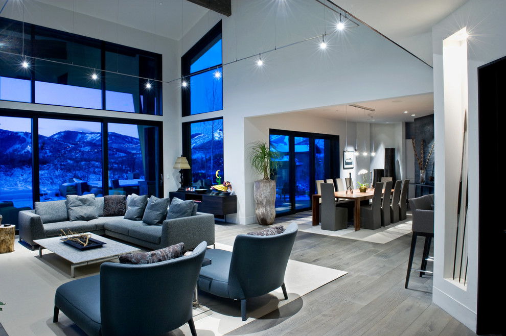 Contemporary open concept living room in Salt Lake City with white walls and grey floor.