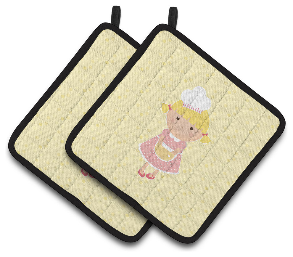 Blonde Baker On Yellow Pot Holders, Set of 2 Contemporary Oven