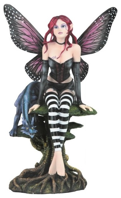 18.25 Inch Gothic Fairy and Blue Dragon Sitting on Mushroom Figurine