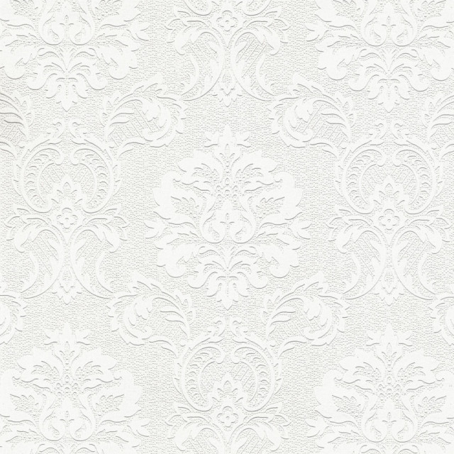 400032808 Plouf White Damask Paintable Wallpaper Expanded Vinyl