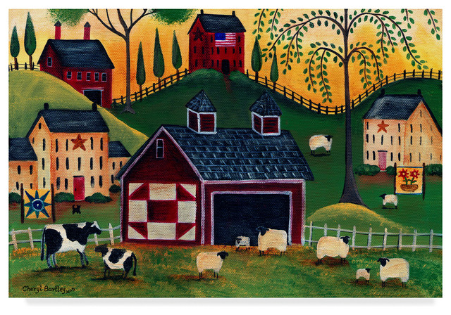 Cheryl Bartley 'Sunrise Red Quilt Barn' Canvas Art, 24"x16"