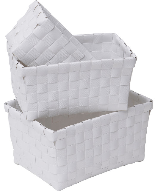 Checkered Woven Strap Storage Baskets Totes Set of 3, White