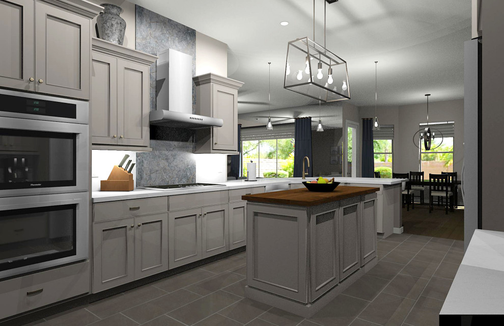 Photo of a medium sized traditional kitchen with a submerged sink, recessed-panel cabinets, grey cabinets, engineered stone countertops, white splashback, engineered quartz splashback, stainless steel appliances, porcelain flooring, an island, grey floors and white worktops.