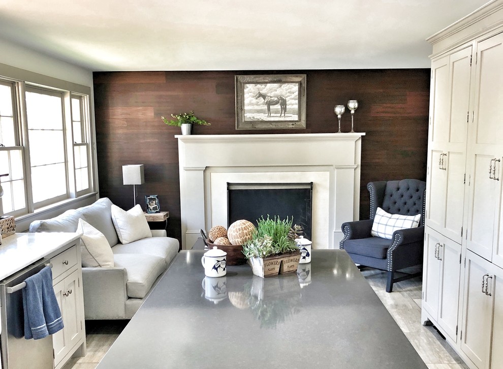 Mid-sized country formal open concept living room in Other with porcelain floors, beige floor, white walls, a standard fireplace, a stone fireplace surround and no tv.