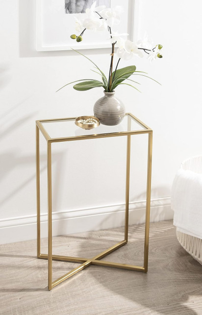 Modern Glam End Table, Golden Metal Frame With Crossed Base & Clear ...