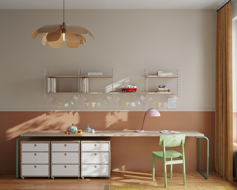 Photo of a large contemporary playroom for girls in Moscow with multi-coloured walls and medium hardwood flooring.
