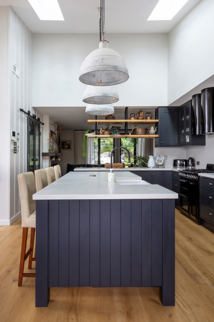 Kitchen with hand painted Glass panel doors transitional-kitchen