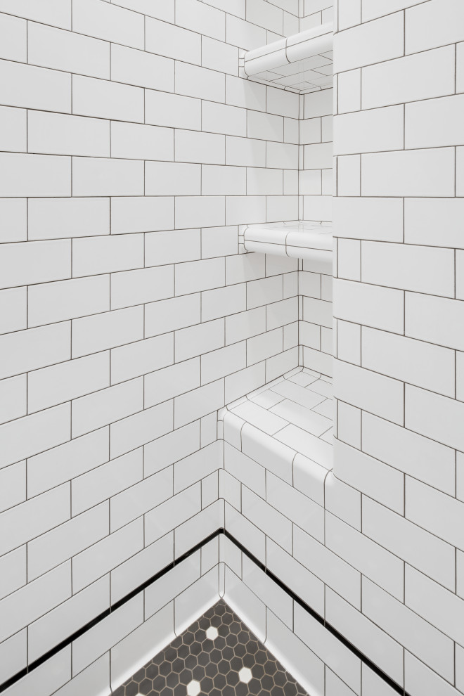 Craftsman Subway Tile Bathroom with Custom Mosaic Floor Craftsman