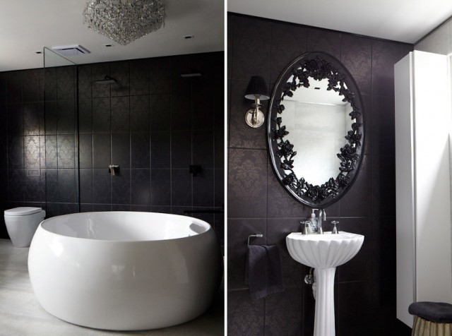 Mid-sized contemporary master bathroom in Melbourne with open cabinets, a freestanding tub, an open shower, a wall-mount toilet, black tile, ceramic tile, black walls, marble floors, a pedestal sink, multi-coloured floor and an open shower.