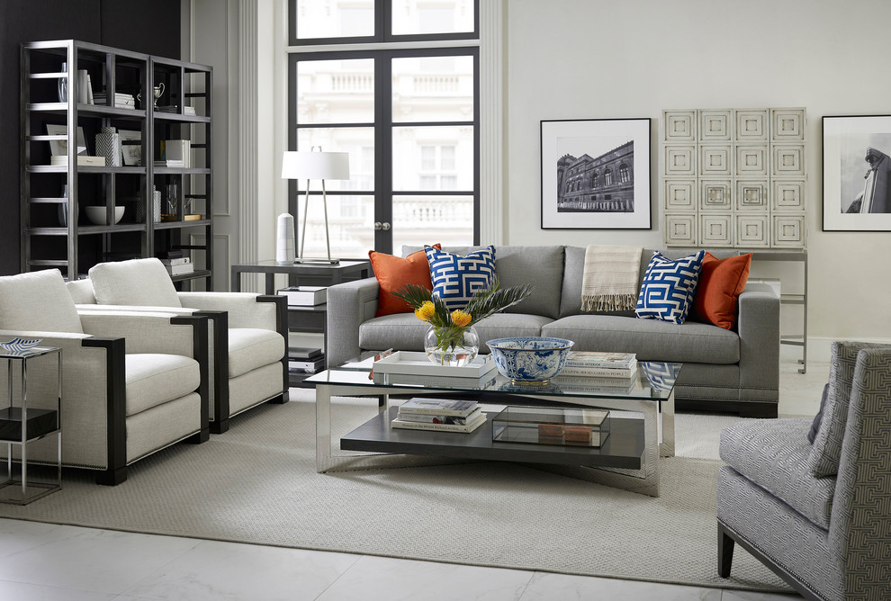 This is an example of a transitional formal open concept living room in Montreal with grey walls.