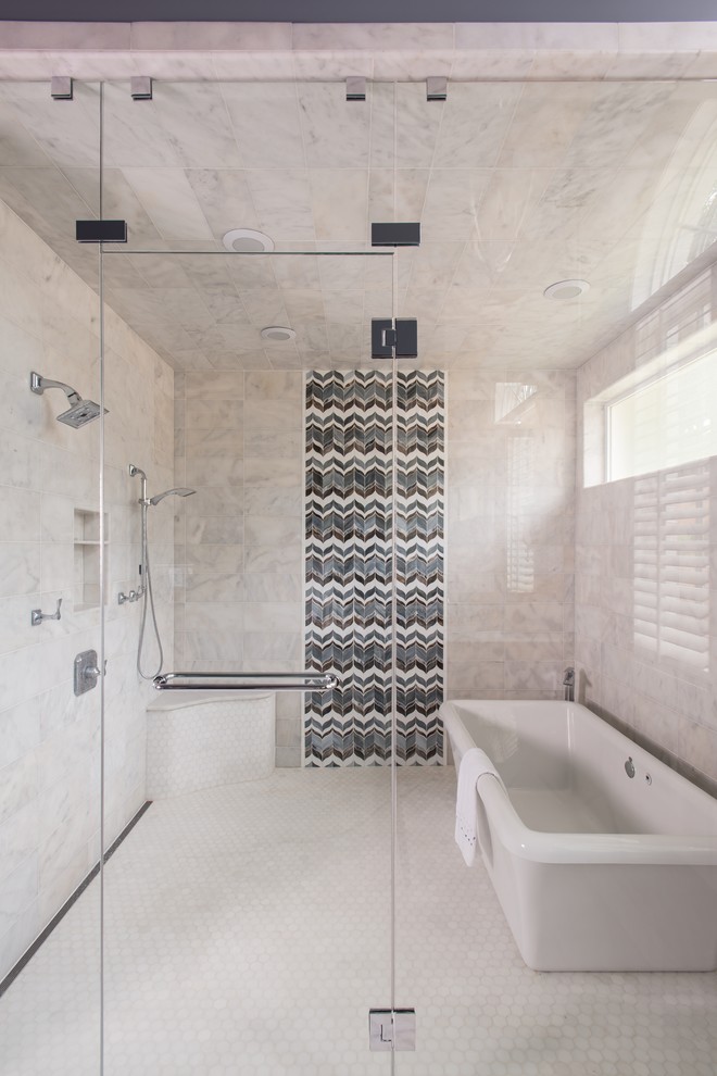 Inspiration for a large transitional master white tile and mosaic tile marble floor freestanding bathtub remodel in Dallas with marble countertops and gray walls