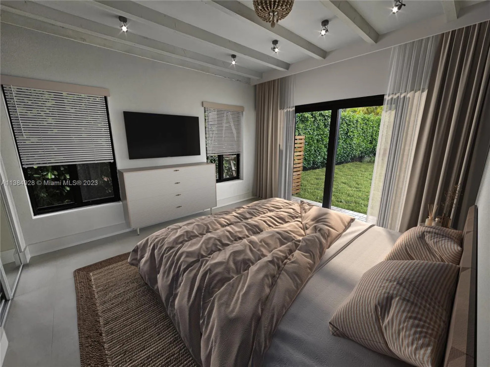 Photo of a medium sized contemporary guest bedroom in Miami with white walls, porcelain flooring and grey floors.