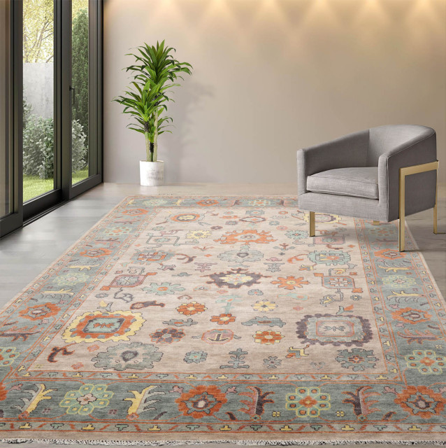 LoomBloom Muted Turkish Oushak Wool Area Rug, Taupe, Aqua Color 9x12