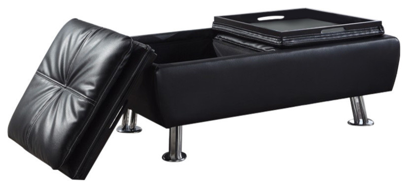 Faux Leather Storage Ottoman with Reversible Tray Tops, Black