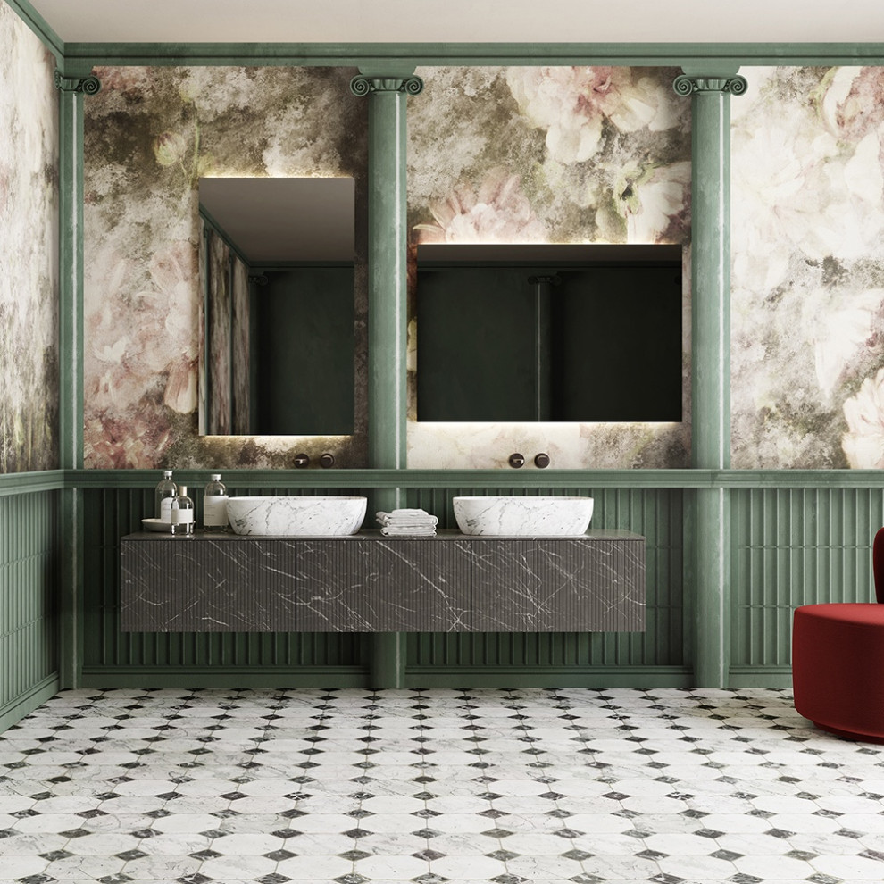 Foto på ett stort funkis grå en-suite badrum, med släta luckor, grå skåp, flerfärgade väggar, ett fristående handfat och marmorbänkskiva