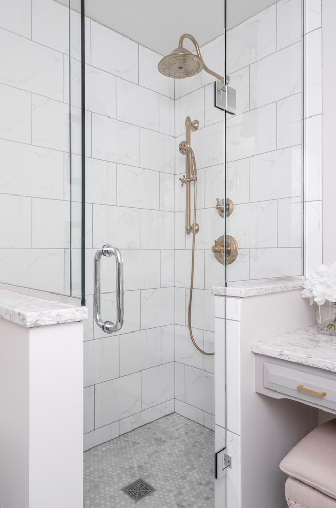 This is an example of a large transitional master bathroom in Minneapolis with raised-panel cabinets, quartzite benchtops, a double shower, white tile, grey walls and mosaic tile floors.