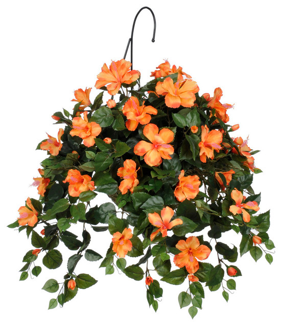 Artificial Sunset Orange Hibiscus Hanging Basket Traditional