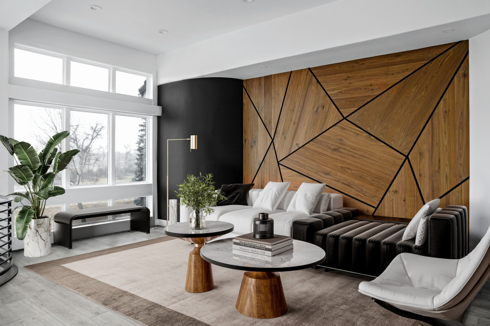 Immagine di un grande soggiorno contemporaneo aperto con angolo bar e pareti in legno
