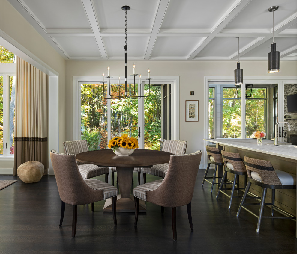Design ideas for a transitional kitchen/dining combo in Detroit with beige walls, dark hardwood floors and coffered.
