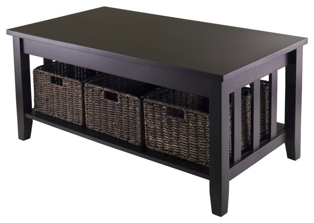Mission Style Dark Wood Coffee Table With 3 Folding Storage Baskets Mission Style Dark Wood Coffee Table With 3 Folding Storage Baskets