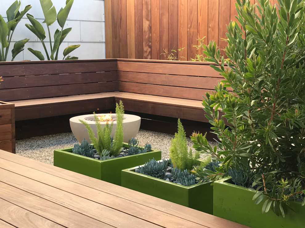 This is an example of a small contemporary drought-tolerant and partial sun backyard wood fence landscaping in San Francisco with decking.